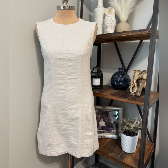 Abercrombie & Fitch A&F High Neck Linen Blend Cutout Back Mini Dress NWT Beige - Picture 3 of 14